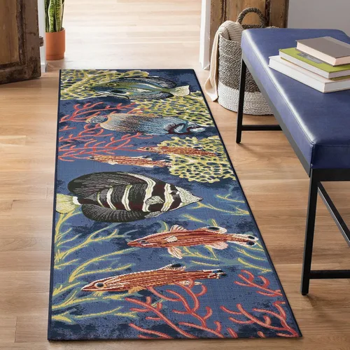 Vista 60 de Liora Manne Marina - Alfombra de área duradera de mezcla sintética tejida a máquina para interiores/exteriores - Gráfico contemporáneo océano global