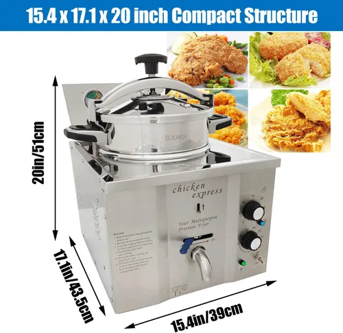 Vista 2 de Freidora eléctrica a presión de encimera de 16L, estufa de pollo frito de alta presión de acero inoxidable, freidora comercial con temporizador