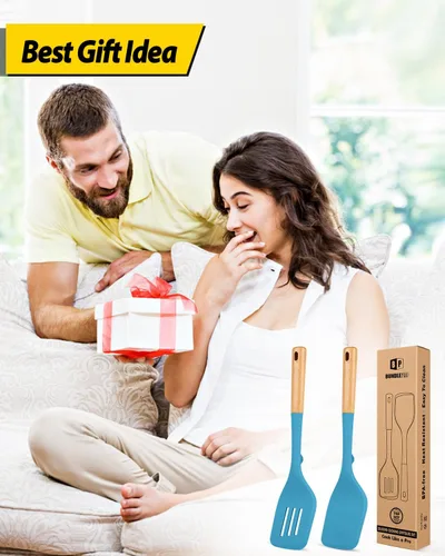 Vista 7 de Paquete de 2 espátulas grandes de silicona, espátulas sólidas resistentes al calor, espátulas ranuradas antiadherentes con mango de madera Azul
