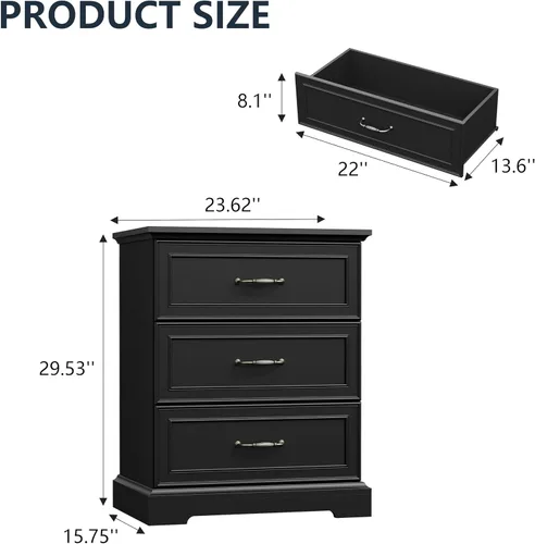 Vista 2 de Thacuok Cómoda de 3 cajones para dormitorio, cómoda de madera de 24 pulgadas de ancho, cómoda rústica de granja con cajones grandes y asas de metal