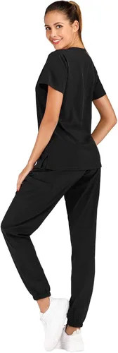 Vista 3 de Minty Mint Conjunto de uniforme médico elástico sólido para mujer con cuello en V pantalones deportivos cónicos tipo cargo
