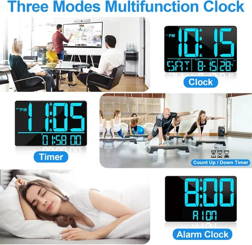Vista 7 de PERSUPER Reloj de pared digital de 13" con pantalla grande con control remoto, 25 melodías de alarma, temperatura, calendario, brillo automático