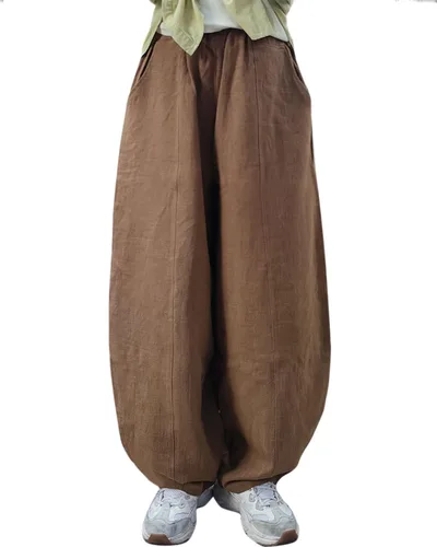 Vista 18 de Pantalones de lino y algodón holgados para mujer, con cintura elástica para relajarse. Pantalones estilo harén Verde militar
