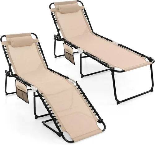 Vista 13 de Goplus Tumbona para exteriores, silla plegable de 5 posiciones para playa, con almohada desmontable, bolsillo lateral, tumbona para tomar el sol