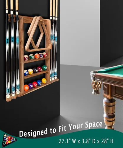 Vista 3 de Soporte de pared para tacos de billar de madera maciza para 6 tacos con almacenamiento completo de bola, 4 soportes para tacos, estantes de bolas