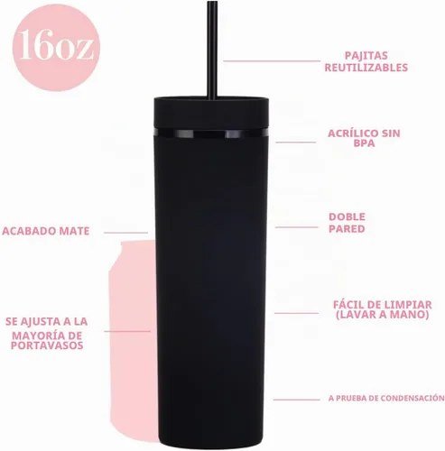 Vista 2 de Vasos negros mate con tapas y popotes. Vasos delgados de 16 onzas a granel. Vasos acrílicos de plástico de doble pared pastel para batidos de café