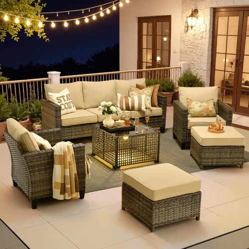 Vista 31 de ovios Juego de muebles de patio de 4 piezas con sofá de exterior, luces solares, mesa, cojines cómodos, sofá de conversación de mimbre de ratán