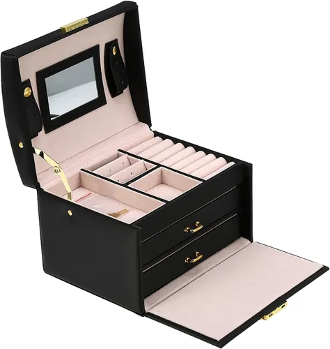 Vista 3 de Joyero de metal, caja de exhibición de joyería con 3 niveles, baúl de joyería de mesa, caja organizadora de joyas para mujeres y niñas, para aretes