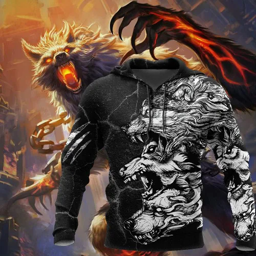 Vista 3 de Sudadera con capucha Viking Fenrir con estampado 3D de tres lobos grises Totem unisex