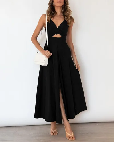 Vista 6 de BTFBM Vestido de verano 2023 con tirantes delgados, sin mangas, cuello en V, abertura, casual, playa, fiesta, maxi vestidos con bolsillos