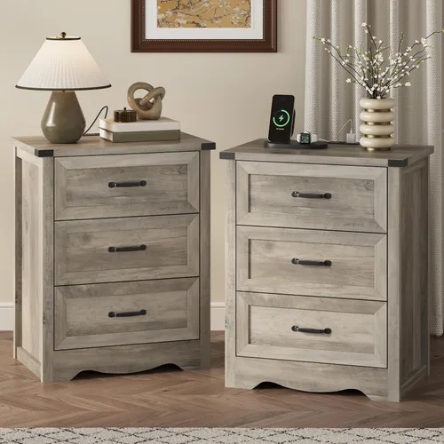 Vista 10 de Mesita de noche con 3 cajones, mesa auxiliar de 61 cm de ancho estilo granja, mesa de noche de madera rústica con asa metálica, cómoda moderna