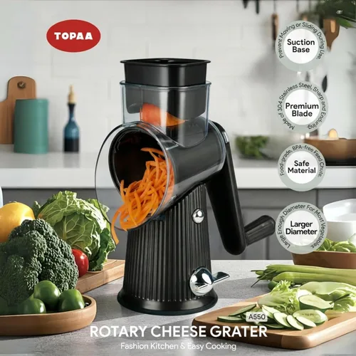 Vista 3 de Rallador rotativo de queso con asa, triturador de verduras con 5 cuchillas y base de succión fuerte, rebanador redondo y picador de alimentos