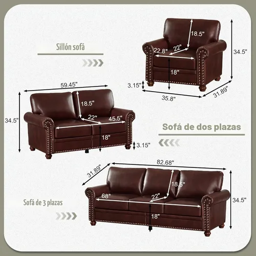 Vista 2 de Antetek Juego de sofá de piel sintética de 3 piezas, sillón moderno de mediados de siglo+sofá biplaza+sofá de 3 plazas con espacio de Marrón