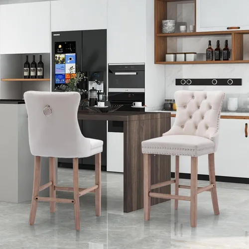 Vista 9 de SoarFlash Juego de 2 taburetes de bar tapizados de terciopelo moderno con patas de madera, botones acolchados, cabeza de clavo cromada, asiento