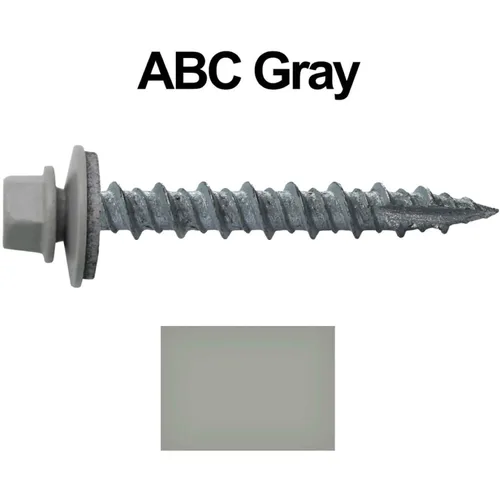 Vista 3 de 10 tornillos para techos de metal gris ABC de 1-1/2 pulgadas, cabezal de arandela hexagonal, arranque automático/roscado, arandela EPDM. 1 bolsa