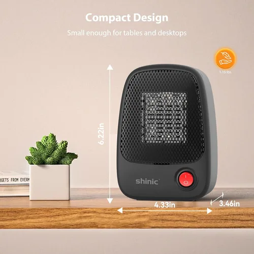 Vista 7 de shinic Calentador de espacio pequeño con protección contra sobrecalentamiento, mini calentador de cerámica PTC de 500 W, calentamiento rápido