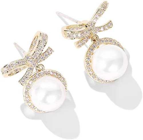 Vista 5 de MIKAMU Aretes de lazo de oro de 14 quilates para mujer, circonita cúbica, delicados aretes de perlas chapados en oro para mujer, joyería de regalo