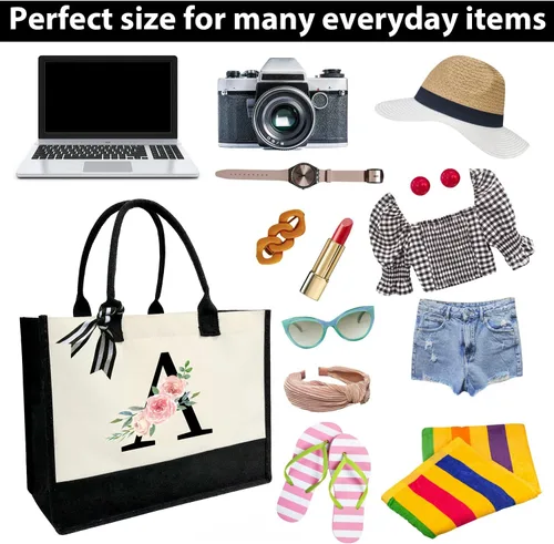 Vista 6 de Bolsa de lona personalizada con inicial para mujer, bolsa de playa con bolsillo interior con cremallera para bodas, cumpleaños, vacaciones