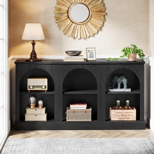 Vista 5 de Tribesigns - Mesa consola estilo granja, mesa de entrada de 63 pulgadas de largo con 3 niveles de almacenamiento, mesa de sofá rectangular de madera
