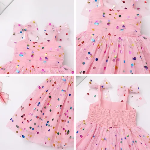 Vista 3 de Vestido tutú para niña, sin mangas, fruncido, vestido de verano con lentejuelas brillantes, lunares, estrellas, princesa, vestido de tul
