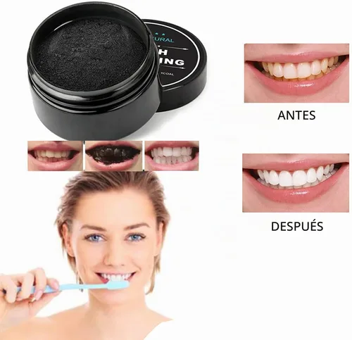 Vista 6 de Polvo de carbón para blanquear los dientes, polvo blanqueador de dientes para el cuidado bucal Establece coco natural, sin daño en esmalte o encías