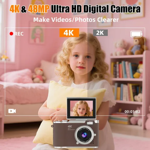 Vista 2 de Cámara digital 4K, cámara selfie de 48 megapíxeles con enfoque automático y pantalla giratoria de 180°, cámara digital compacta para niños con zoom