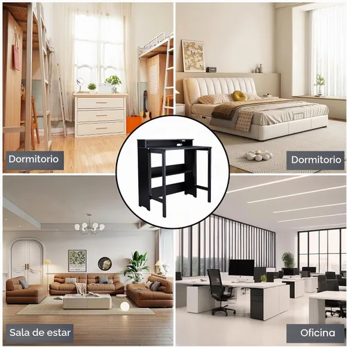 Vista 7 de Escritorio plegable con tomas de corriente, pequeña mesa plegable con estante de almacenamiento, escritorio oculto que ahorra espacio para Negro