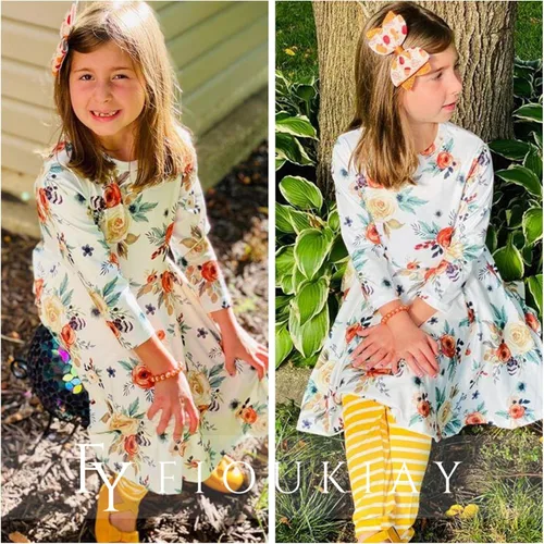 Vista 4 de Conjunto de ropa de otoño para niñas pequeñas, túnicas altas, leggings, ropa boutique