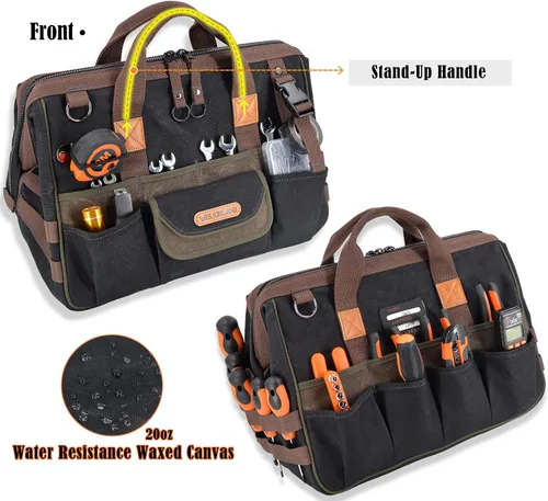 Vista 3 de WELKINLAND Bolsa de herramientas de lona encerada con 32 bolsillos, bolsa de herramientas resistente para electricistas, bolsas de herramientas