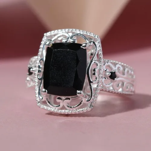 Vista 3 de Black Tourmaline Rings - Birthstone Rings for Women - Engagement Promise Ring for Her Statement Vintage Stainless Steel Tourmaline Jewelry Birthday