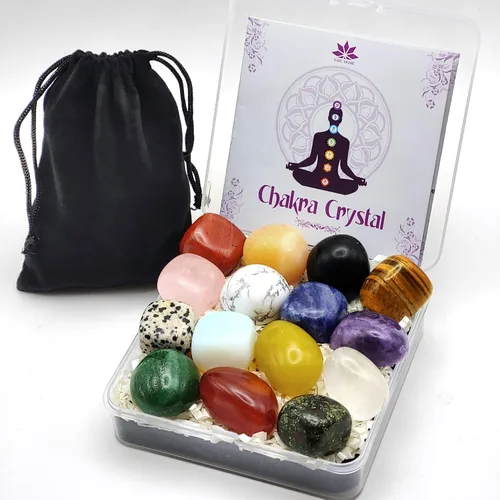 Vista 6 de Caja de regalo de 7 piedras de chakra y cristales curativos, 7 piedras crudas de primera calidad, amatista, cristal transparente, con bolsa
