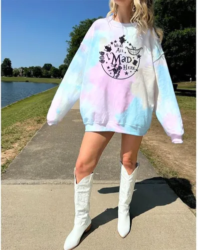 Vista 2 de ASTANFY Alice in Wonderland - Sudadera vintage para mujer, diseño de sombrerero loco, diseño de reino mágico, para vacaciones, manga larga