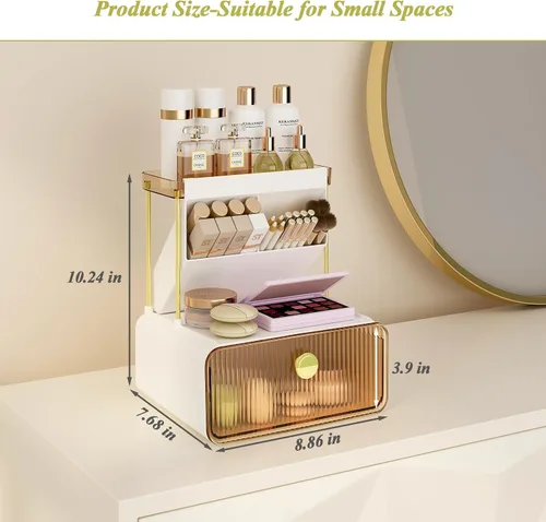 Vista 8 de FOLLOWIN Organizador de maquillaje de 3 niveles con cajón, exhibición de cosméticos con soporte para brochas de pintalabios, organizadores