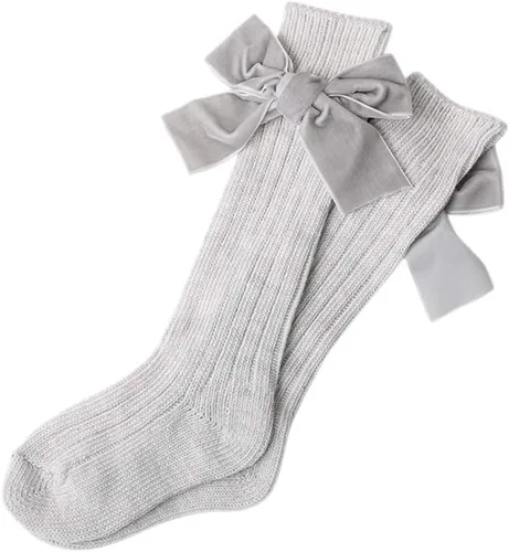 Vista 5 de Kayotuas Calcetines altos hasta la rodilla con lazos, calcetines de uniforme con volantes de tubo largo, calcetines de punto acanalado para bebés