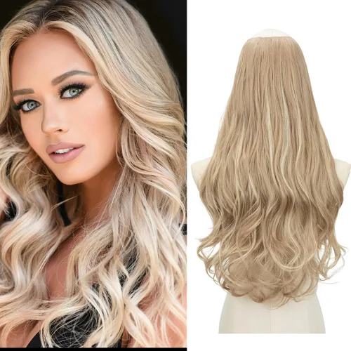 Vista 16 de SARLA Extensiones de cabello sintético con clip, parte en U, largo, ondulado, rizado, grueso, de cabeza completa, para mujer, rubio playa, 24 Playa