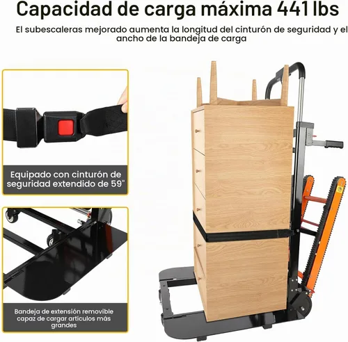 Vista 3 de Carro eléctrico para escaleras, carga máxima de 400 libras, resistente, con 6 ruedas, para almacén logístico de muebles, color negro
