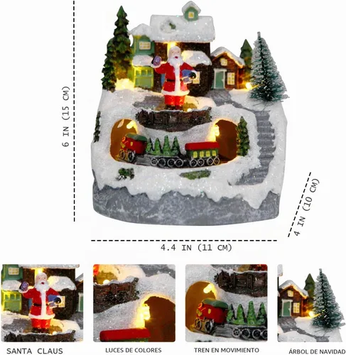 Vista 3 de Decoraciones de globos de nieve de aldea de Navidad, figuras de construcción de resina, tren giratorio, edificios coleccionables de Navidad, 8