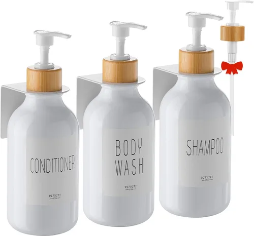 Vista 8 de VITVITI Dispensador de champú y acondicionador, dispensador de jabón de ducha de gel corporal montado en la pared, 3 cámaras, botellas de ducha