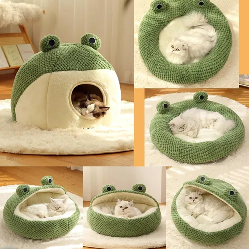 Vista 2 de Linda cama de felpa para gatos 2023, redonda, esponjosa, Kawaii para mascotas, cálida y acogedora, para alivio de articulaciones, lavable (verde 1)