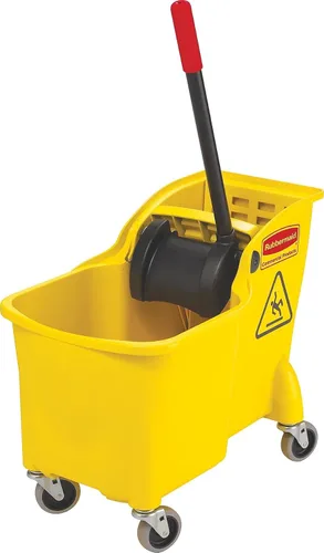 Vista 3 de Rubbermaid Commercial (FG738000YEL) combo de cubeta tándem y escurridor. Capacidad de 31 qt, 22.63 pulgadas de largo x 13.25 pulgadas de ancho x