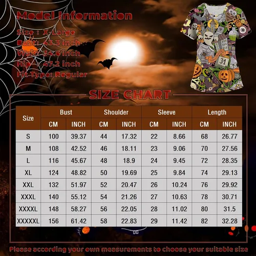 Vista 3 de HTHLVMD Uniformes de trabajo con bolsillos para mujer, talla grande, con cuello en V, manga corta, estampado de Halloween