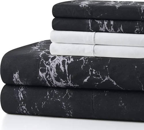 Vista 3 de Marina Decoration Juego de sábanas de 4 piezas ultra suave y sedosa con bolsillo profundo con estampado rico de rayón derivado de bambú para todas