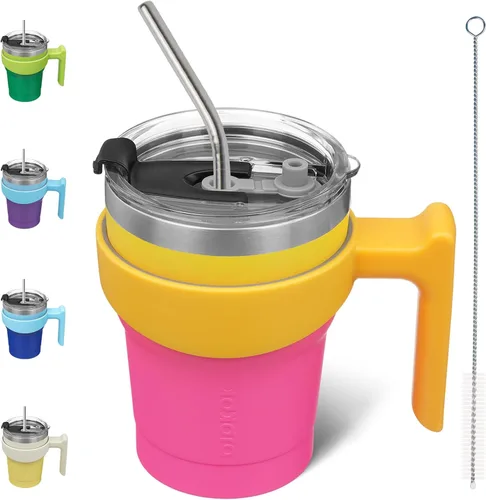 Vista 19 de BJPKPK Mini vaso de 10 onzas con tapa, popote y asa, taza de acero aislada