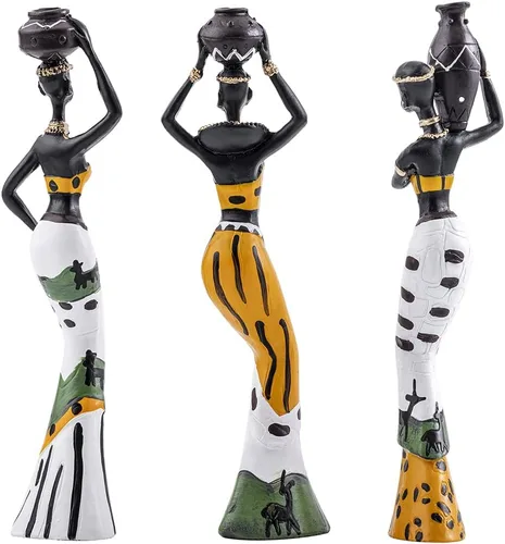 Vista 6 de Galiyen Paquete de 3 estatuas y esculturas africanas para mujeres, figuras exóticas tribales para decoración del hogar, figuras afroamericanas