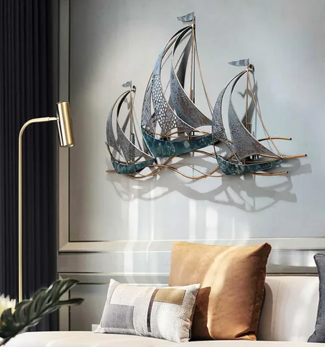 Vista 3 de AUQMTAIN Decoración de pared de barco náutico de 34 pulgadas, esculturas de pared de barco náutico 3D, velero costero hecho a mano para el hogar