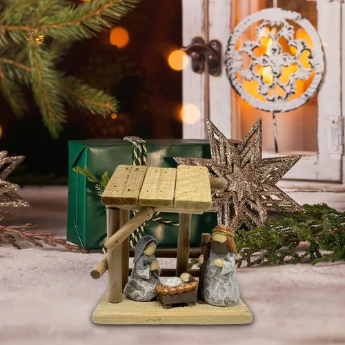 Vista 6 de Estatua de belén de Navidad, adorno de mesa, delicado, coleccionable, decoración navideña, escultura de resina de madera para estante del hogar