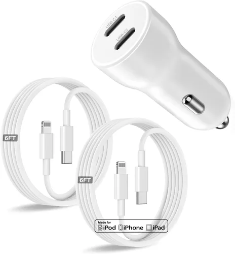 Vista 11 de Cargador de coche para iPhone 17 16 15 de carga rápida, cargador de coche USB C de doble puerto de 40 W con 2 cables USB C de 3 pies, adaptador