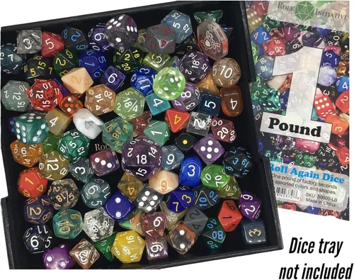Vista 2 de Media libra de dados poliédricos (aproximadamente 60) incluyendo 4 juegos (d4, d6, d8, d10, d%, d12, d20) en colores mixtos