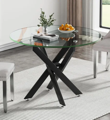 Vista 18 de Mesa de comedor redonda de 35.4 pulgadas para 4, moderna mesa de cocina de vidrio transparente para 4 personas con patas de metal dorado, mesas