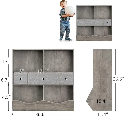 Vista 2 de IDEALHOUSE Estantería para niños y organizador de almacenamiento de juguetes con 3 cajones móviles, armario de almacenamiento de piso con 4